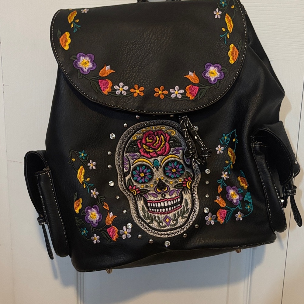 Floral Embroidered Black Backpack